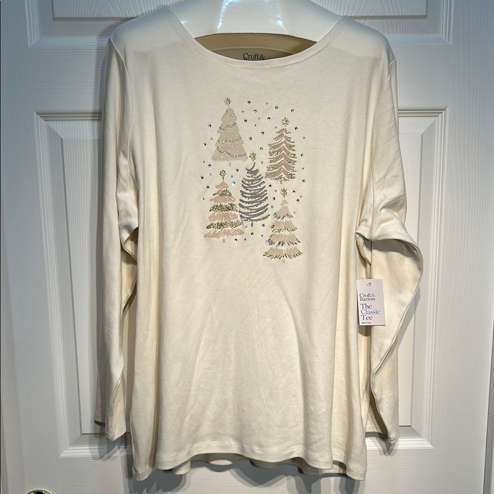 Croft & Barrow Cream Long Sleeve Size 2X Holiday Top